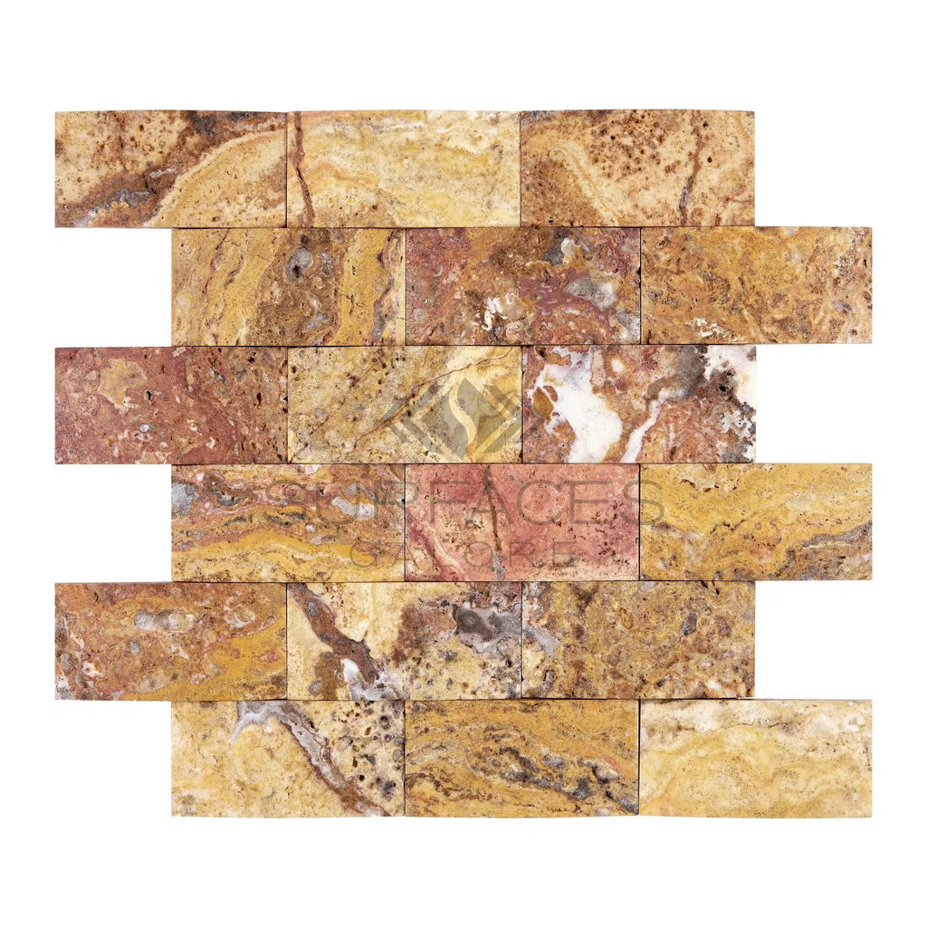 Scabos Travertine 2X4 Brick Mosaic CNC-Arched & Honed (Round-Face / Wavy)