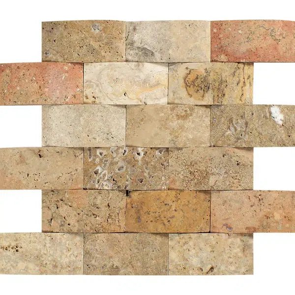 Rectangular pieces of durable Scabos Travertine 2X4 Brick Mosaic CNC-Arched & Honed (Round-Face / Wavy) from SurfacesGalore in various shades of beige, tan, and brown arranged in a brick-like pattern.