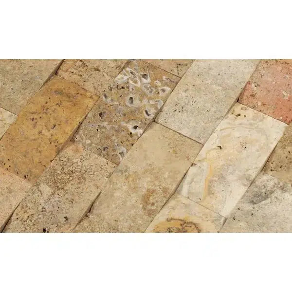 Scabos Travertine 2X4 Brick Mosaic CNC-Arched & Honed (Round-Face / Wavy)