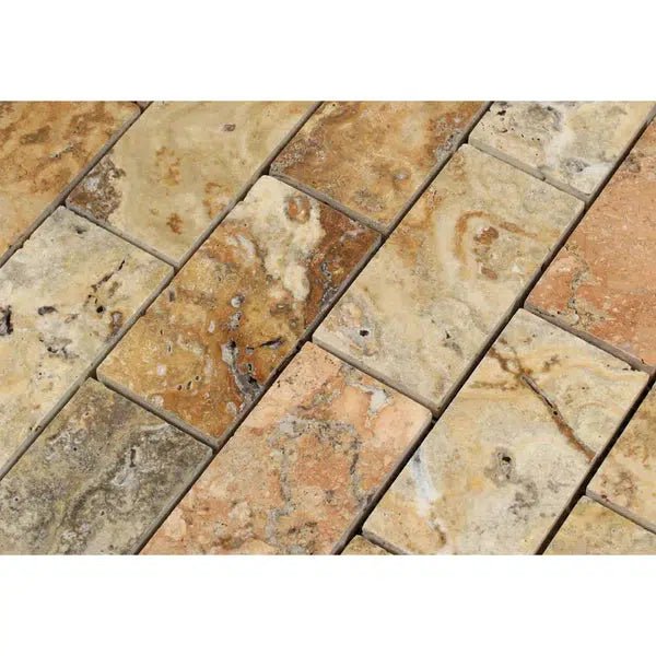 Close-up of rectangular Scabos Travertine 2X4 Brick Mosaic Polished tiles by SurfacesGalore, displaying varying shades of brown and beige with natural textures and patterns, offering natural appeal and versatile applications.