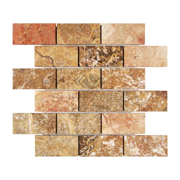 Scabos Travertine 2X4 Brick Mosaic Polished