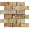 The Scabos Travertine 2X4 Brick Mosaic Polished by SurfacesGalore features a pattern of rectangular beige and brown tiles arranged in a grid with a staggered brickwork layout, offering natural appeal for versatile applications.