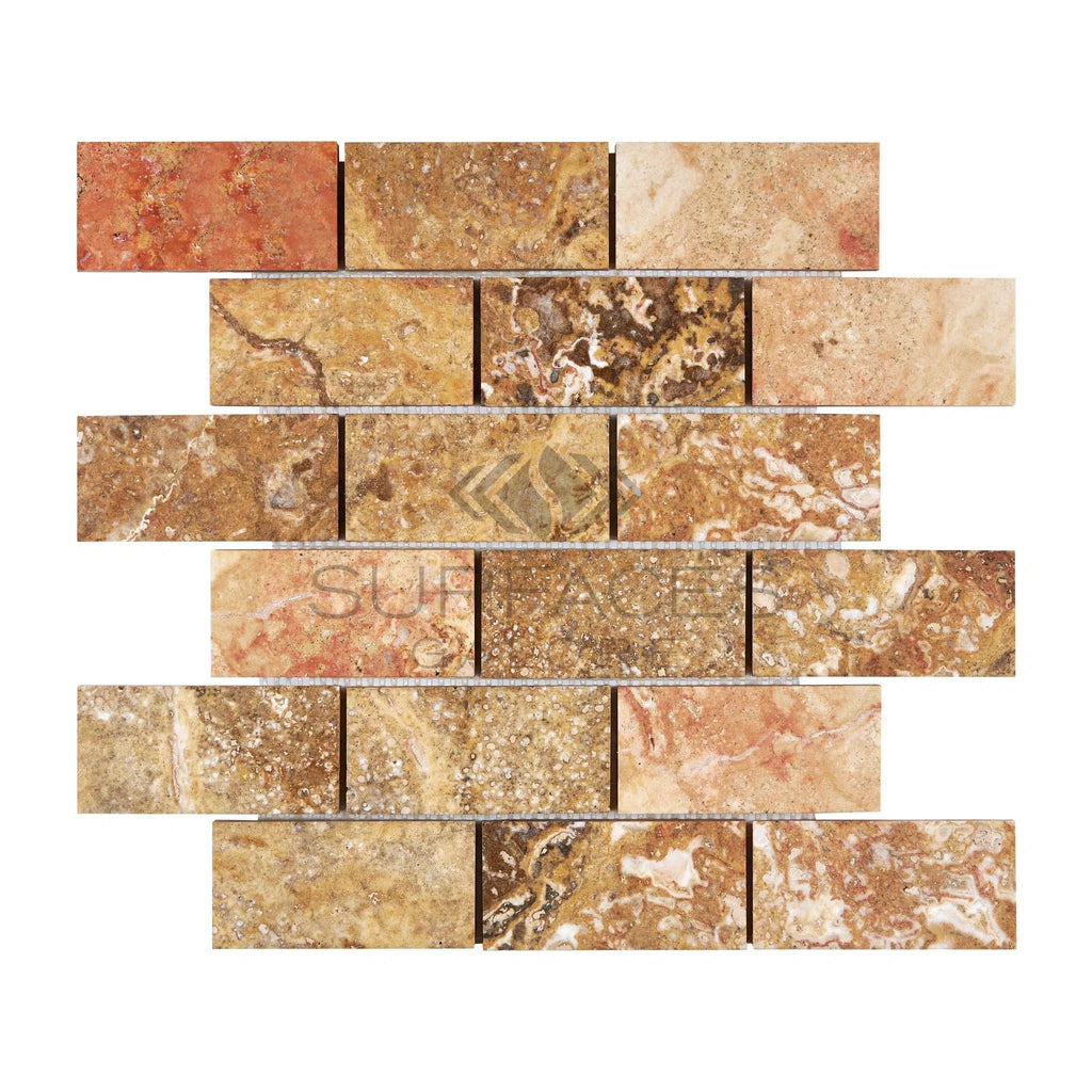 The Scabos Travertine 2X4 Brick Mosaic Polished tiles by SurfacesGalore feature a striking combination of brown, beige, and red shades arranged in a staggered pattern, providing natural appeal and versatile applications.