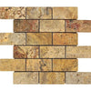 A SurfacesGalore mosaic tile layout features rectangular pieces in various shades of brown, beige, and tan, arranged in a classic brick pattern with Scabos Travertine 2X4 Brick Mosaic Tumbled elements.