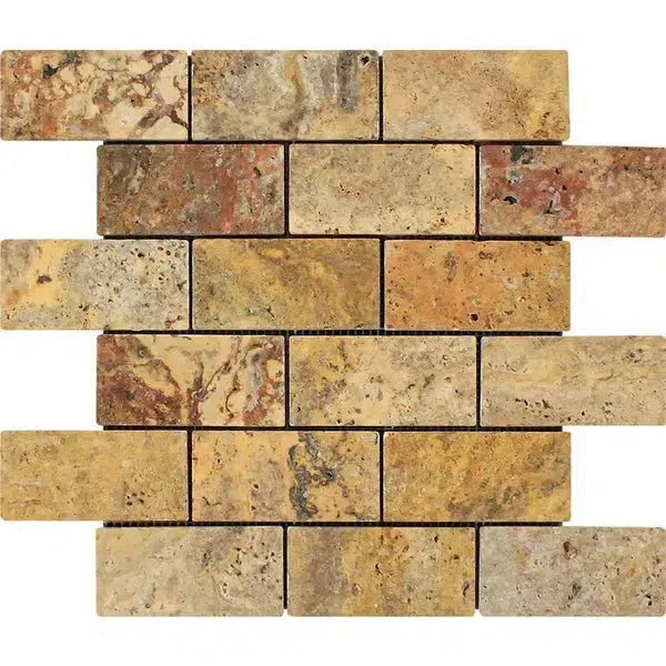 Scabos Travertine 2X4 Brick Mosaic Tumbled