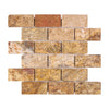 A mosaic tile pattern featuring the Scabos Travertine 2X4 Brick Mosaic Tumbled tiles from SurfacesGalore, showcasing various shades of brown and beige to add a touch of sophistication to any space.