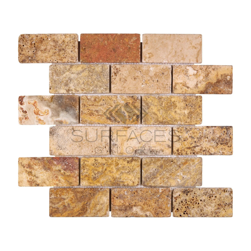 A mosaic tile pattern featuring the Scabos Travertine 2X4 Brick Mosaic Tumbled tiles from SurfacesGalore, showcasing various shades of brown and beige to add a touch of sophistication to any space.