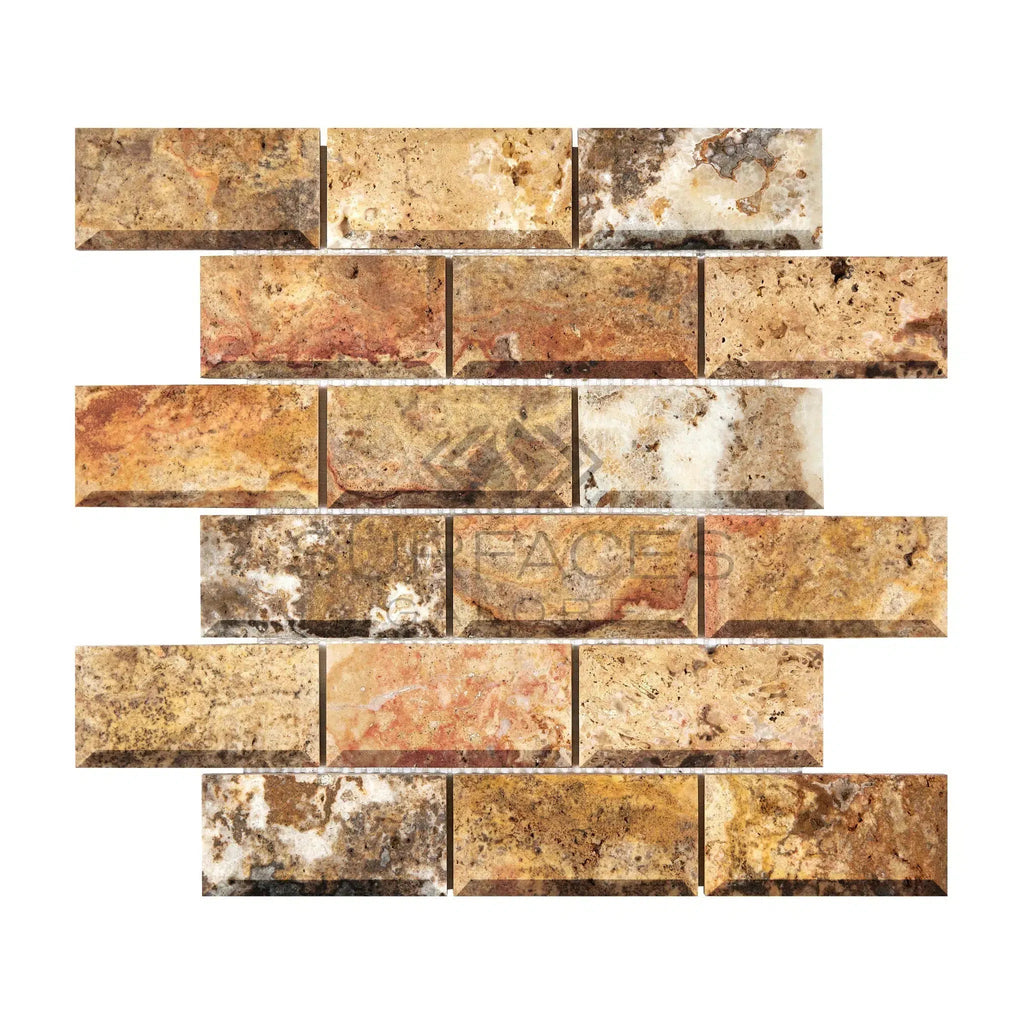 Scabos Travertine 2X4 Deep-Beveled Brick Mosaic Honed