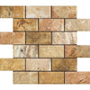 A mosaic tile pattern featuring rectangular tiles in various shades of brown, beige, and cream, showcasing the natural appeal of SurfacesGalore's Scabos Travertine 2X4 Deep-Beveled Brick Mosaic Honed.