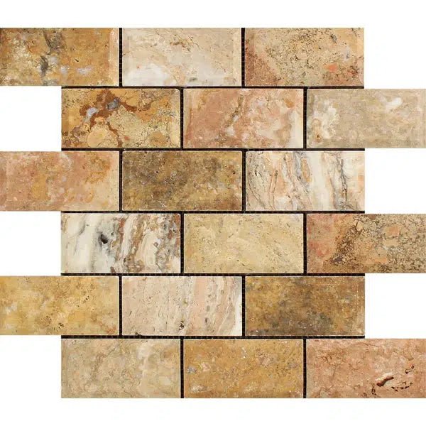 A mosaic tile pattern featuring rectangular tiles in various shades of brown, beige, and cream, showcasing the natural appeal of SurfacesGalore's Scabos Travertine 2X4 Deep-Beveled Brick Mosaic Honed.