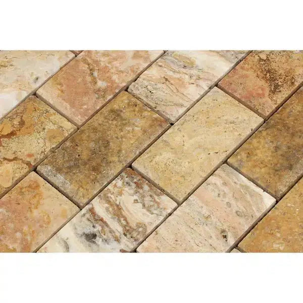 Scabos Travertine 2X4 Deep-Beveled Brick Mosaic Honed