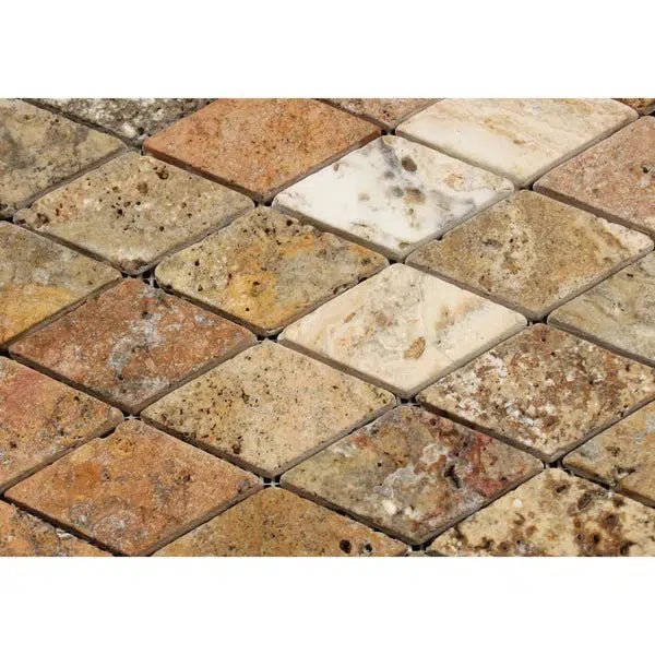 Scabos Travertine 2X4 Diamond / Rhomboid Mosaic Tumbled - SurfacesGalore