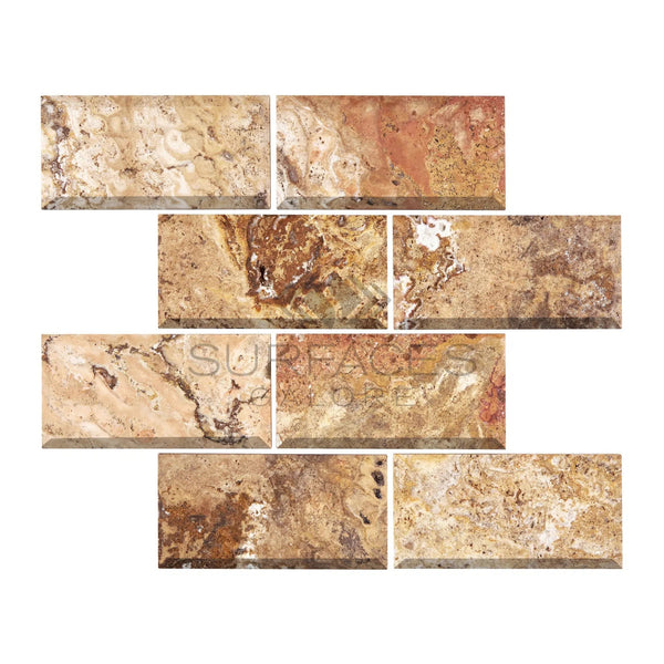 Scabos Travertine 3X6 Deep - Beveled Honed - SurfacesGalore