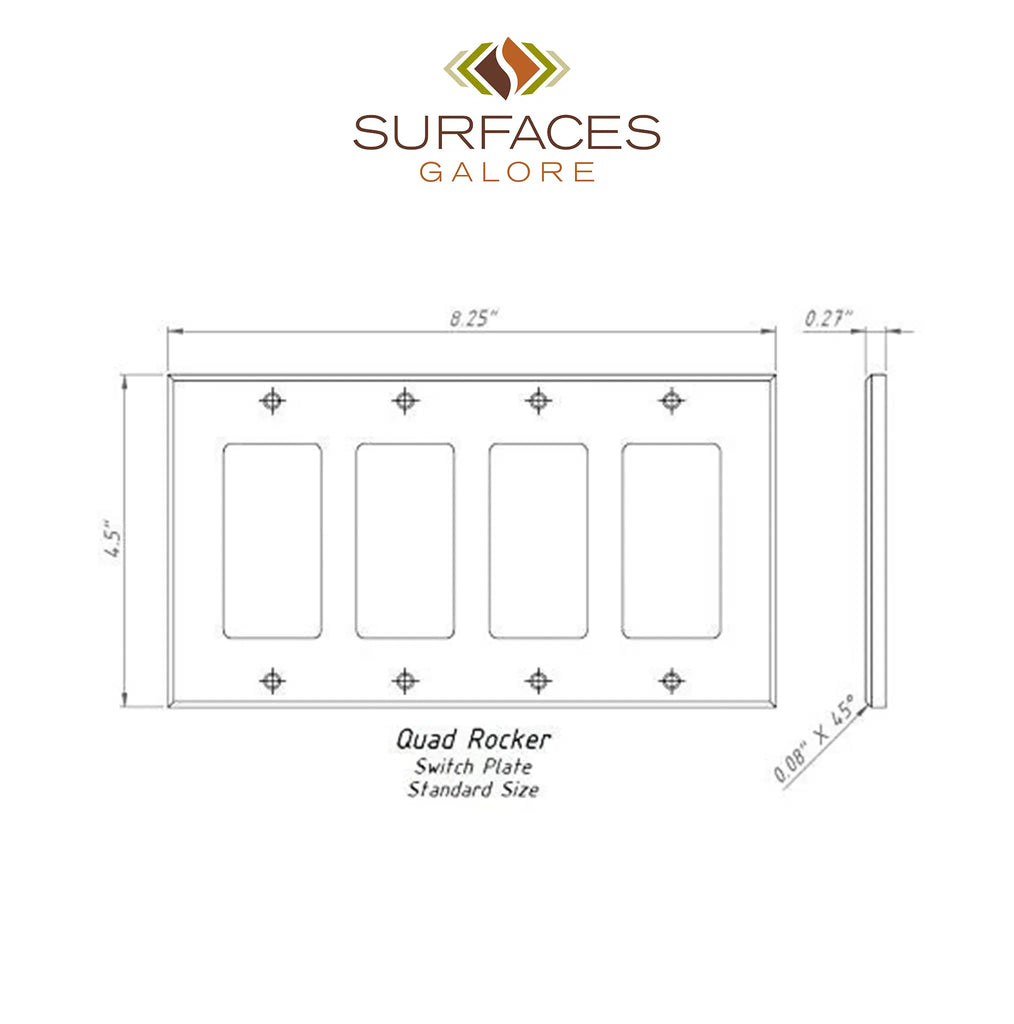 Diagram of a Scabos Travertine 4 Gang ROCKER Switch Plate with dimensions from SurfacesGalore, showcasing our elegant design.