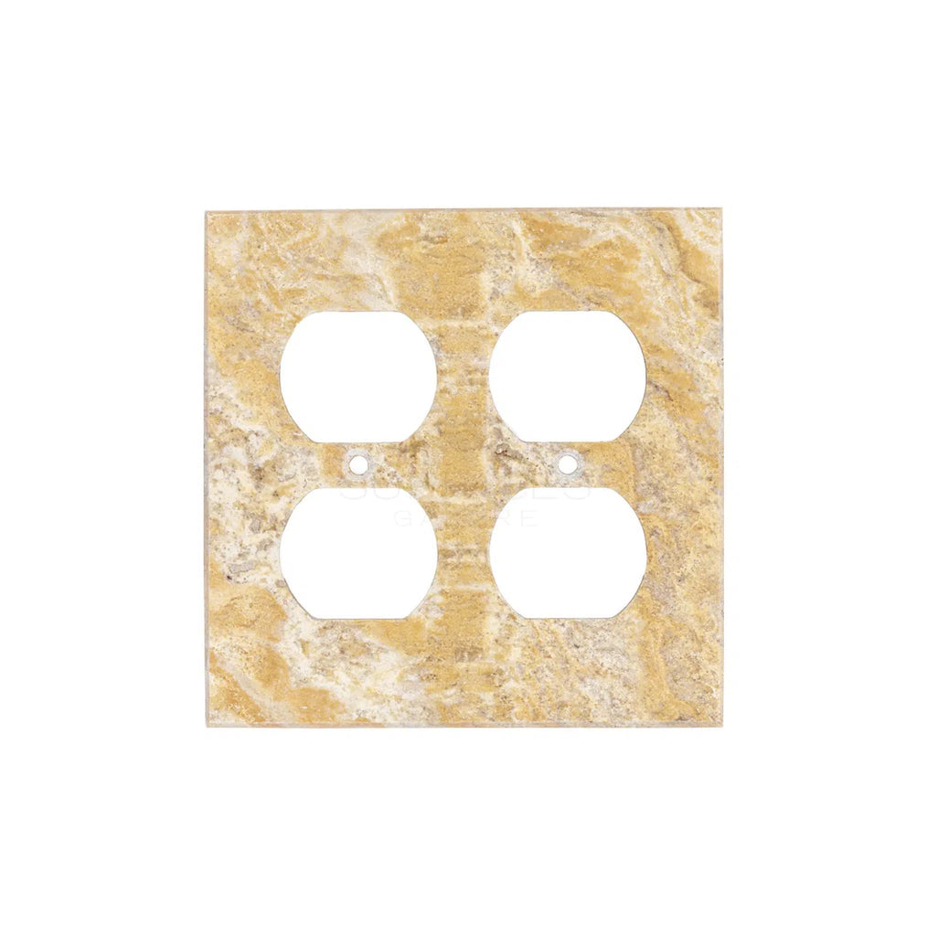 The Scabos Travertine Double DUPLEX Switch Wall Plate/Cover Plate/Switch Plate by SurfacesGalore is a square, beige wall plate cover with four openings for electrical outlets, designed to add a touch of elegance and functionality to any room.