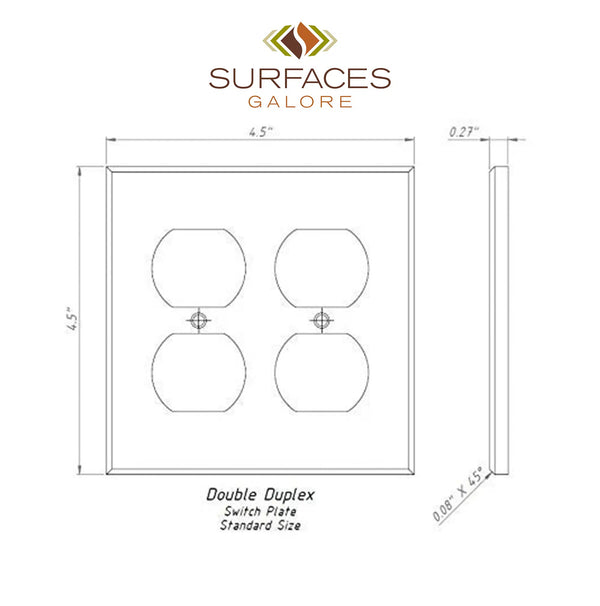 Diagram of a Scabos Travertine Double DUPLEX Switch Wall Plate with measurements and the "SurfacesGalore" logo above, featuring elegant marble wall plate options.