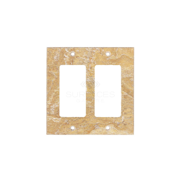 The Scabos Travertine Double ROCKER Switch Wall Plate/Cover Plate/Switch Plate by SurfacesGalore features a beautiful beige textured finish with two rectangular cutouts for electrical switches—perfect for enhancing your natural stone home decor.