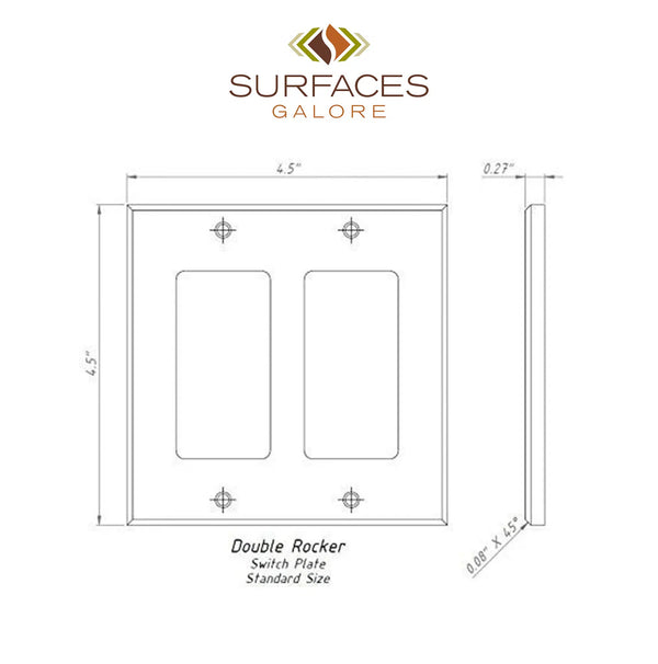 A detailed technical drawing of the SurfacesGalore Scabos Travertine Double ROCKER Switch Wall Plate, available in an elegant marble design, complete with precise measurements.