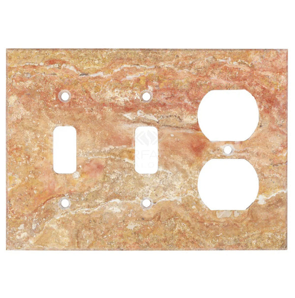 Presenting the Scabos Travertine Double TOGGLE - DUPLEX Switch Wall Plate from SurfacesGalore. Crafted from natural stone, it blends light brown and reddish hues and features two openings.