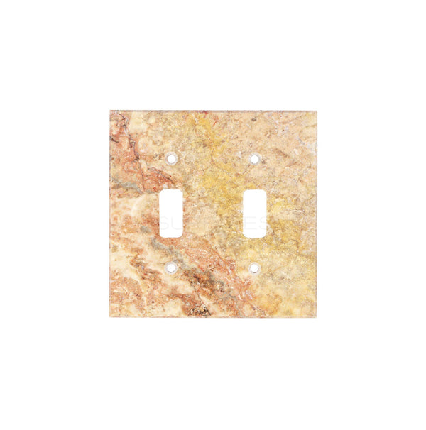 A stunning Scabos Travertine Double TOGGLE Plate Switch Wall Plate / Cover Plate / Switch Plate by SurfacesGalore, featuring a decorative natural stone design with two rectangular switch openings and a beautiful marbled texture.