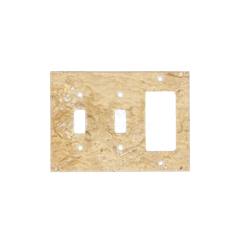 An authentic wall plate by SurfacesGalore featuring natural stone variations, this Scabos Travertine switch cover comes with one double toggle switch and one rocker switch opening.