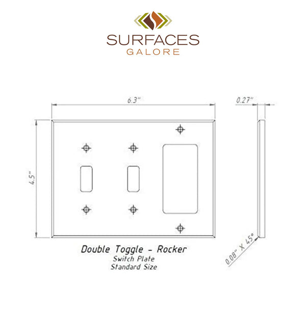 A technical drawing of the Scabos Travertine Double TOGGLE - ROCKER Switch Wall Plate by SurfacesGalore, featuring precise measurements to perfectly complement authentic marble switch covers for an elegant finish.