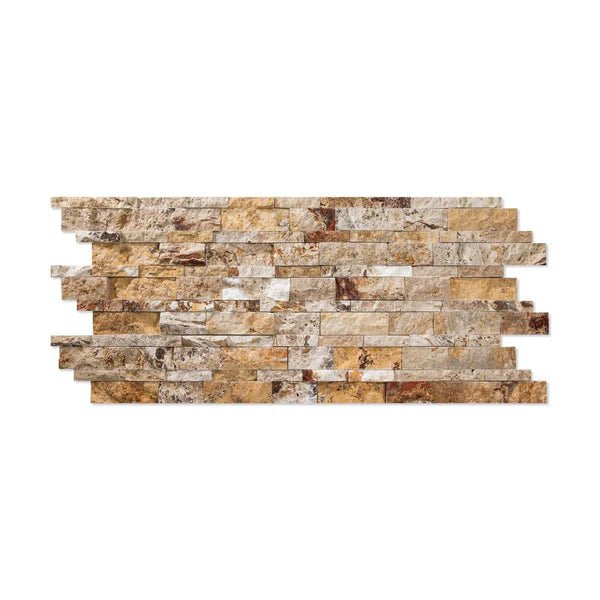 The Scabos Travertine Ledger-Panel ("Z" Split-Panel) Mosaic Split-Faced by SurfacesGalore features stacked rectangular stone tiles in vibrant shades of beige, brown, and cream against a white background.