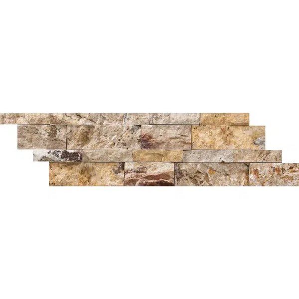 A section of staggered, rectangular stone bricks in various shades of brown, tan, and beige showcases the timeless beauty of SurfacesGalore’s Scabos Travertine Ledger-Panel ("Z" Split-Panel) Mosaic Split-Faced.