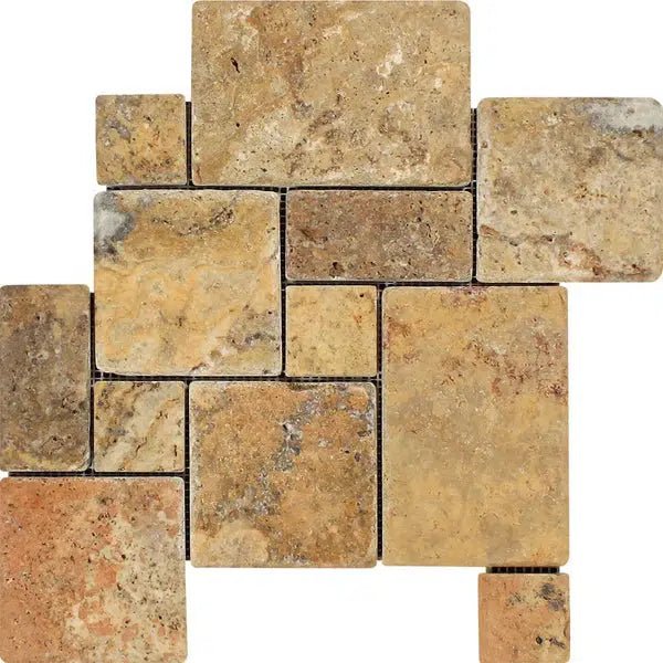 Scabos Travertine OPUS Mini - Pattern (4 pcs.) (Interlocking) Mosaic Tumbled - SurfacesGalore