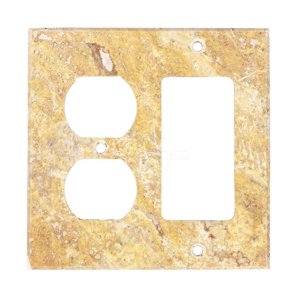 The Scabos Travertine ROCKER - DUPLEX Switch Wall Plate from SurfacesGalore is a decorative cover plate with openings for two outlets and one rectangular switch, designed to mimic authentic marble switch plate covers.