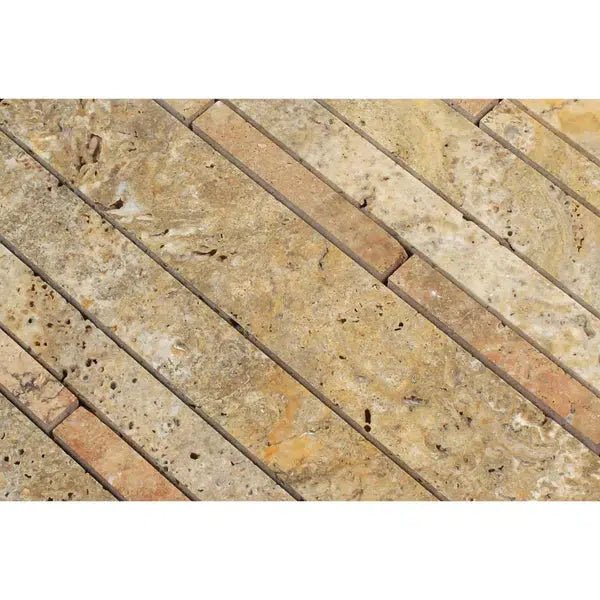 Scabos Travertine Random Strip Mosaic Honed - SurfacesGalore