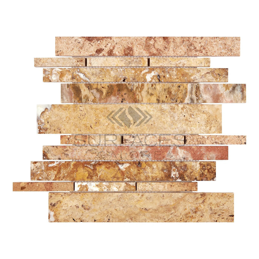 Scabos Travertine Random Strip Mosaic Honed - SurfacesGalore