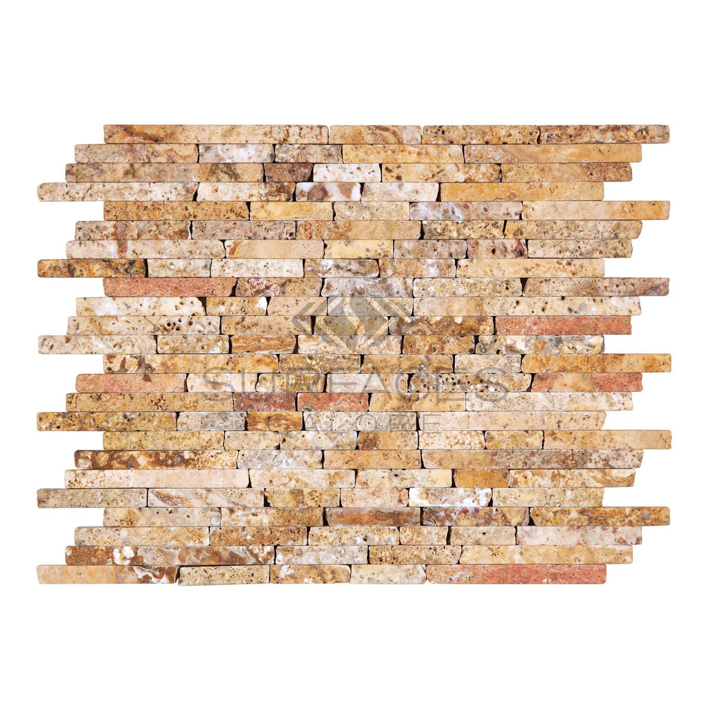 Scabos Travertine Random Strip Mosaic Tumbled - SurfacesGalore