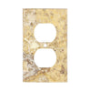 The Scabos Travertine Single DUPLEX Plate Switch Wall Plate, by SurfacesGalore, is a textured brown and beige stone cover with two openings, perfect for adding a touch of authentic marble charm to your luxury home decor.