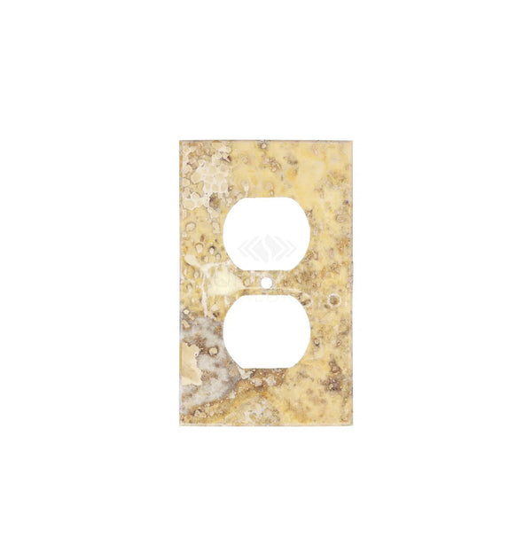 Add a touch of luxury to your home decor with the SurfacesGalore Scabos Travertine Single DUPLEX Plate Switch Wall Plate / Cover Plate / Switch Plate, featuring two circular openings and a center screw hole.