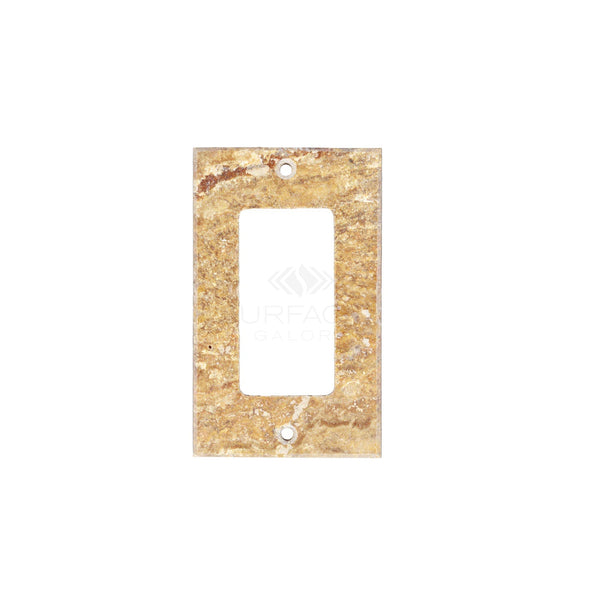 The Scabos Travertine Single ROCKER Plate Switch Wall Plate / Cover Plate / Switch Plate by SurfacesGalore features a natural stone texture and two screw holes on a white background, offering the elegance of luxury wall plate covers.