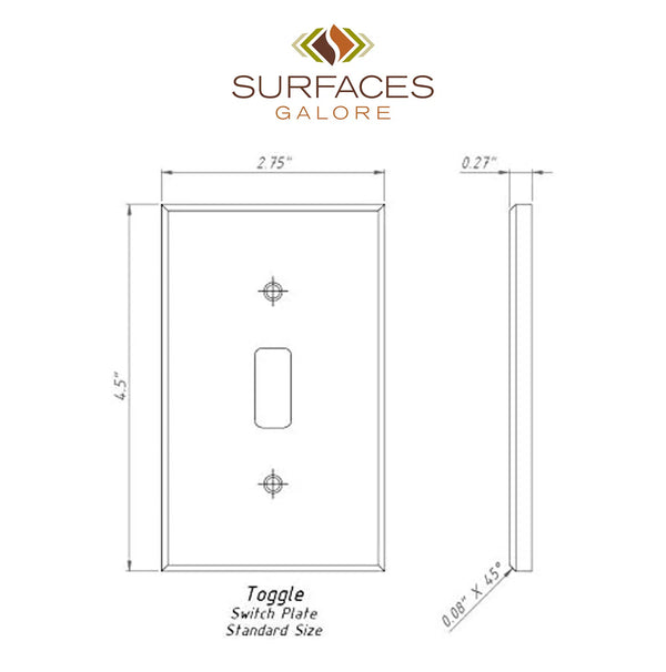 Diagram of a Scabos Travertine Single TOGGLE Switch Wall Plate, branded "SurfacesGalore," showcasing elegant switch plate covers crafted from natural stone.