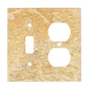 The Scabos Travertine TOGGLE - DUPLEX Switch Wall Plate from SurfacesGalore is a textured stone switch and outlet cover featuring one switch and two outlet openings, with a sandy beige color that mimics an authentic marble wall plate.