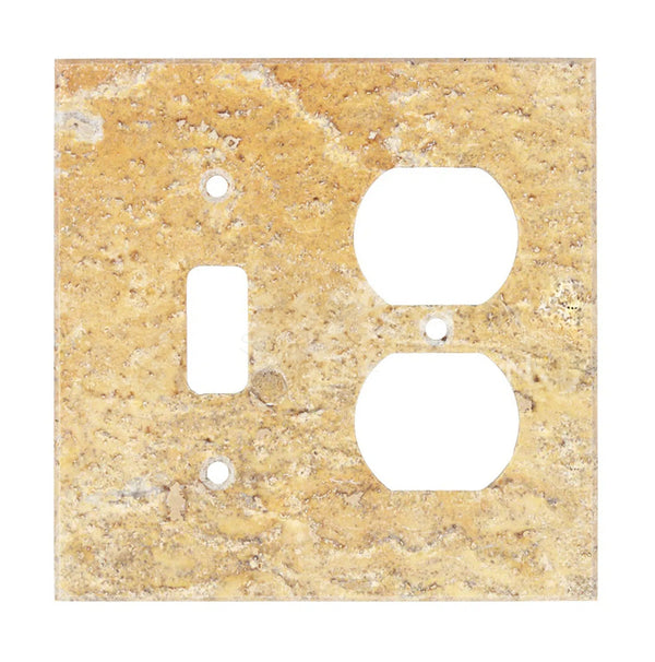 The Scabos Travertine TOGGLE - DUPLEX Switch Wall Plate from SurfacesGalore is a textured stone switch and outlet cover featuring one switch and two outlet openings, with a sandy beige color that mimics an authentic marble wall plate.