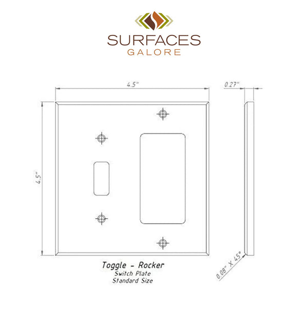 Diagram of a Scabos Travertine toggle-rocker switch wall plate with dimensions, crafted from elegant natural stone, under the SurfacesGalore logo.