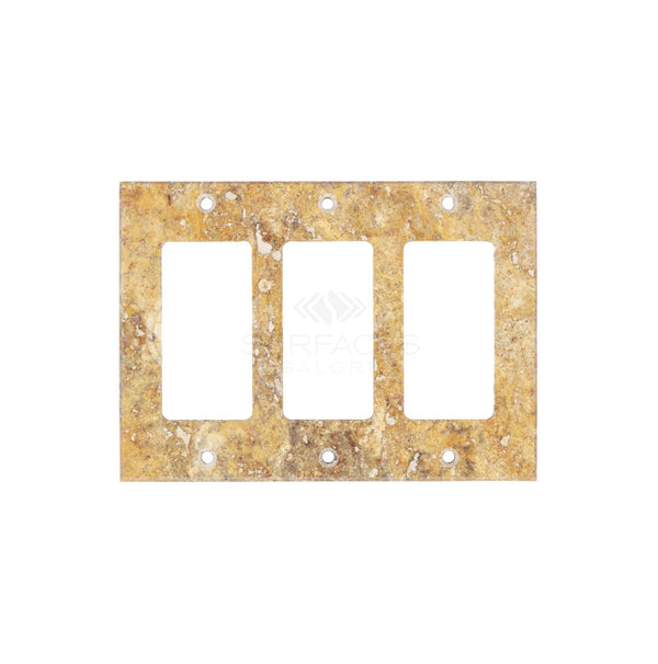 The Scabos Travertine Triple ROCKER Plate Switch Wall Plate / Cover Plate / Switch Plate by SurfacesGalore features a yellowish, marble-like texture that adds an elegant touch to your decor. This wall plate cover mimics the look of authentic travertine marble, bringing sophistication to any room.