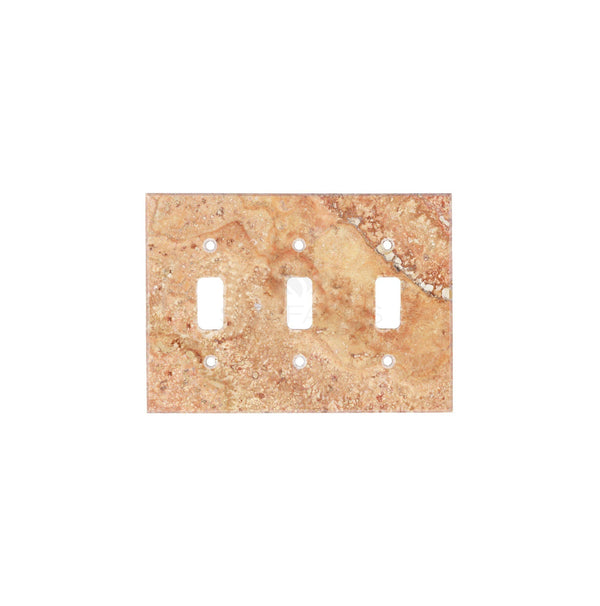 Scabos Travertine Triple TOGGLE Plate Switch Wall Plate by SurfacesGalore, featuring three rectangular openings and showcasing the natural elegance of authentic travertine stone, set against a white background.