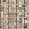 Close-up of the SurfacesGalore Silver (Gray) Travertine 1X1 Mosaic Tumbled tile, showcasing its earthy tones with shades of brown, beige, and sophisticated silver-gray.