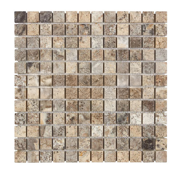 SurfacesGalore's Silver (Gray) Travertine 1X1 Mosaic Tumbled tile sheet features small, mixed-color stone tiles in shades of brown, gray, and beige arranged in a grid pattern, offering a sophisticated appearance with subtle silver-gray tones throughout.