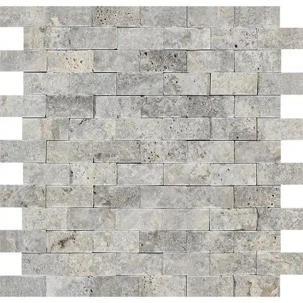 Silver (Gray) Travertine 1X2 Brick Mosaic Split - Faced - SurfacesGalore