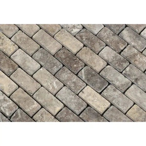 Silver (Gray) Travertine 1X2 Brick Mosaic Tumbled - SurfacesGalore