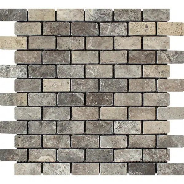 Silver (Gray) Travertine 1X2 Brick Mosaic Tumbled - SurfacesGalore