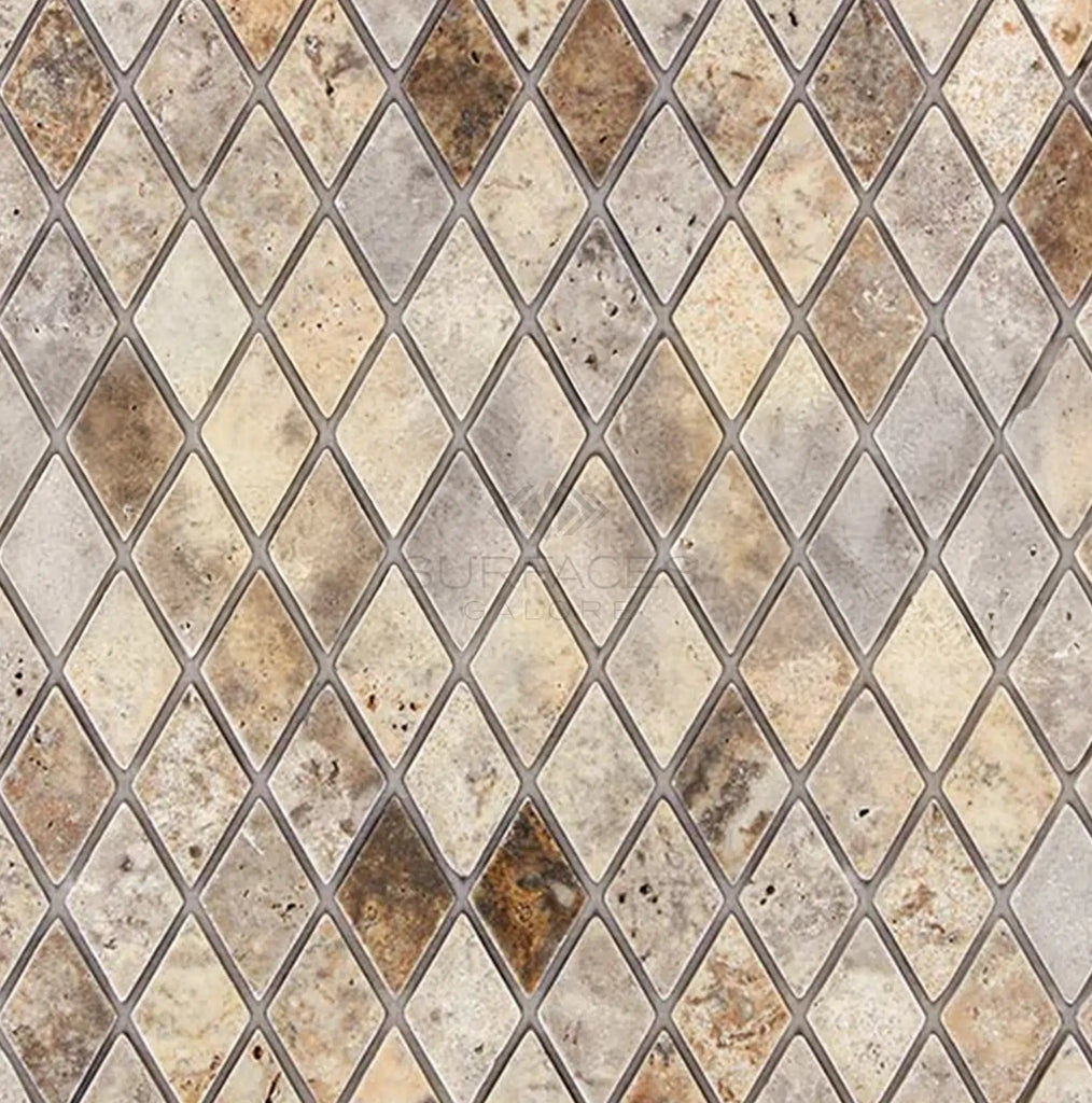 Silver (Gray) Travertine 1X2 Diamond / Rhomboid Mosaic Tile Tumbled - SurfacesGalore