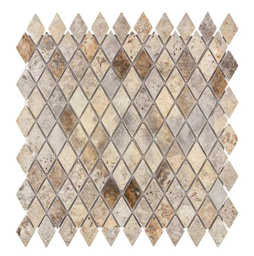 Silver (Gray) Travertine 1X2 Diamond / Rhomboid Mosaic Tile Tumbled - SurfacesGalore