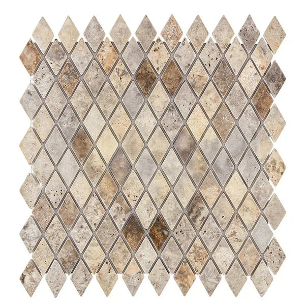 Silver (Gray) Travertine 1X2 Diamond / Rhomboid Mosaic Tile Tumbled